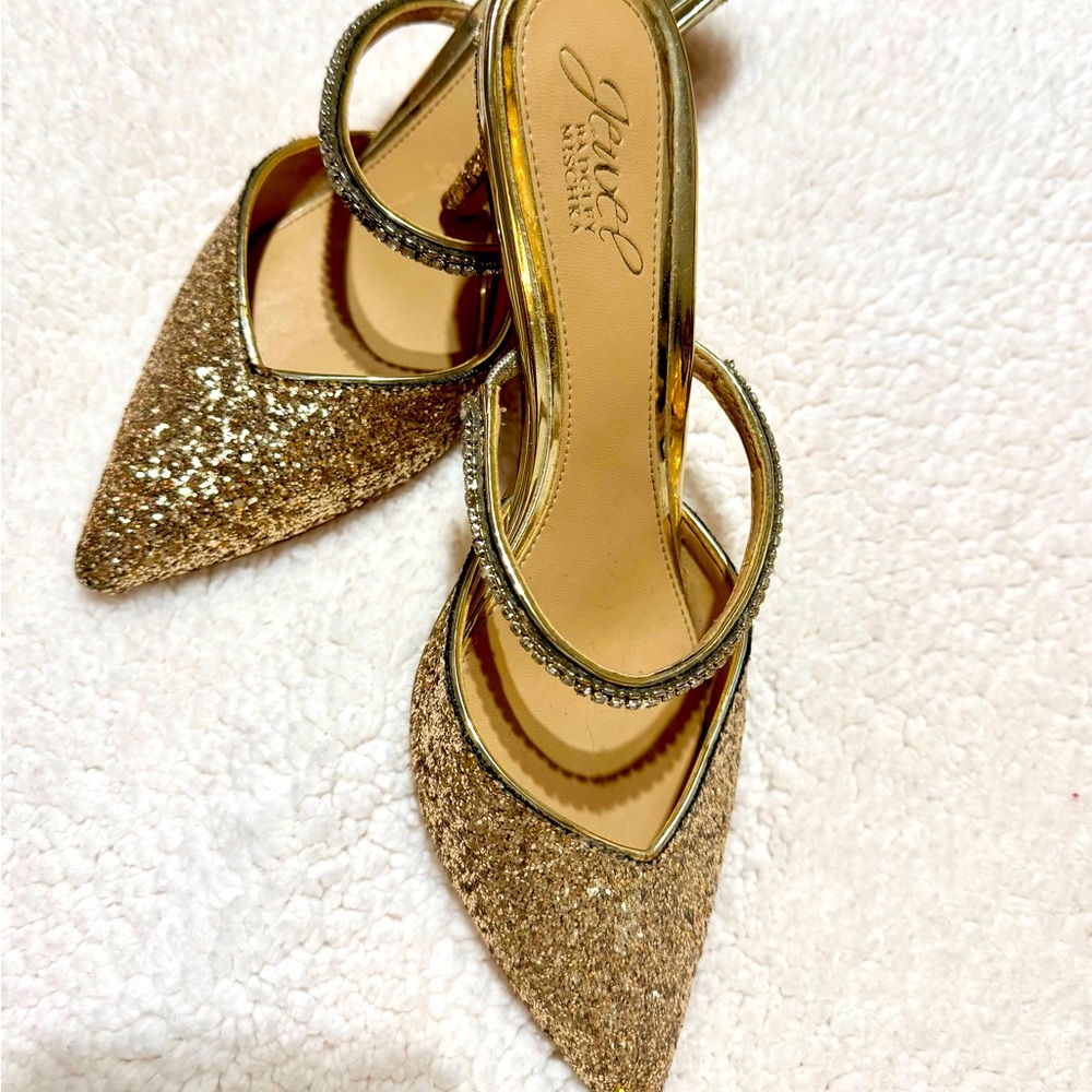 Jewel Badgley Mischka Gold Glitter and Gem shoes.